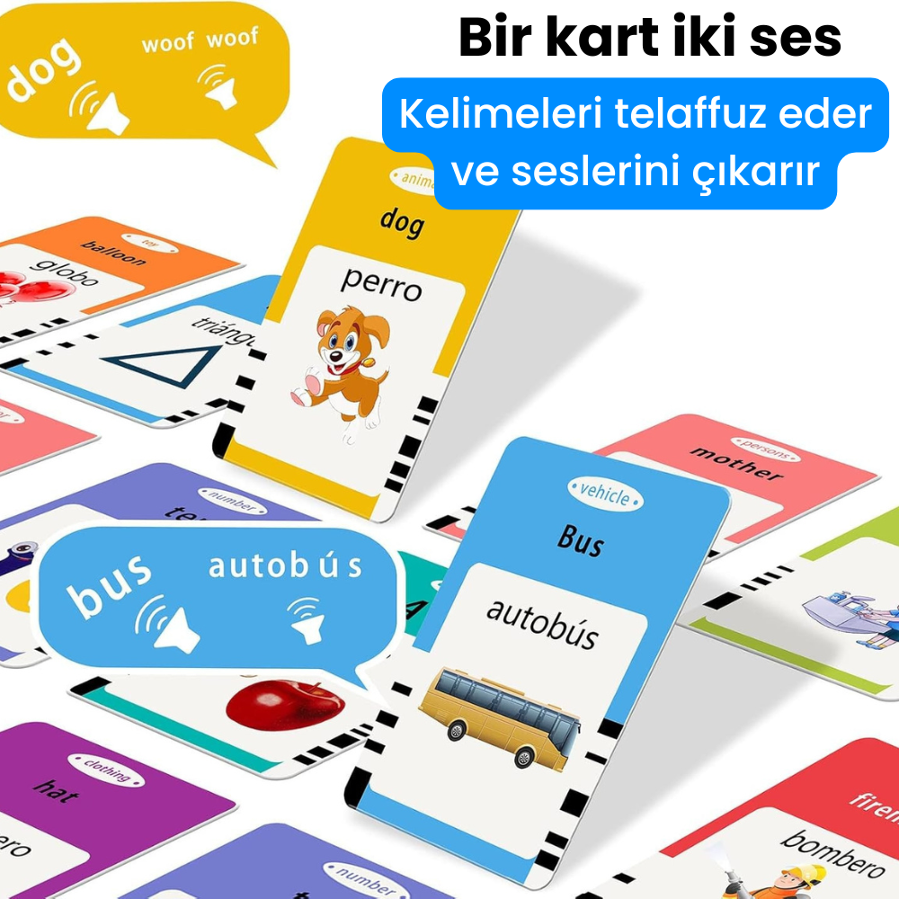 İngilizce Öğrenme Cihazı 514 Farklı Sesli Kelime | Yıpranmaz Yırtılmaz Kartlı